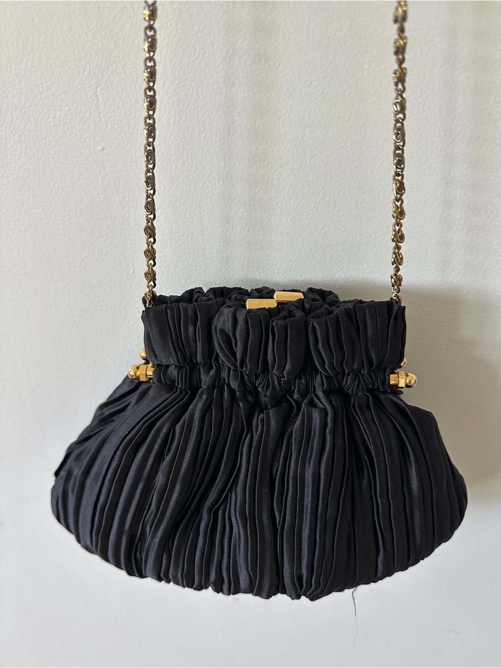 Black Pleated Evening Clutch with Gold Chain